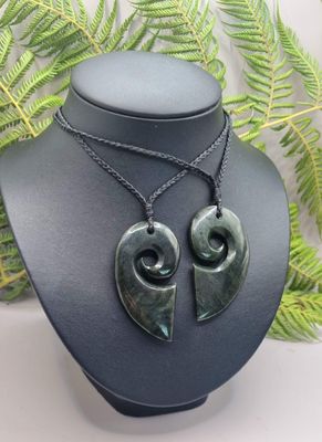 New Zealand Greenstone Pounamu Split Heart Koru 2 pc Pendants 001