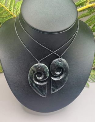 New Zealand Greenstone Pounamu Split Heart Koru 2 pc Pendants SP001