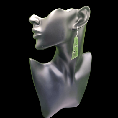 ​New Zealand Greenstone Pounamu Tri with Double Koru Earrings 01