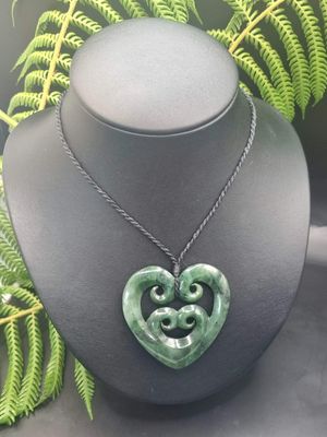 New Zealand Greenstone Pounamu 4 Koru Heart Pendant 001