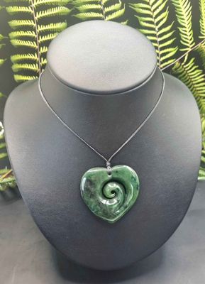 New Zealand Greenstone Pounamu Heart with Koru HK041