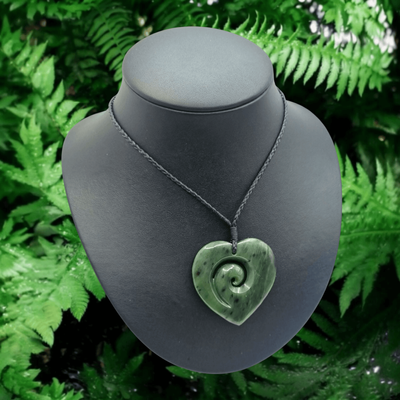 New Zealand Greenstone Pounamu Heart with Koru HK0530