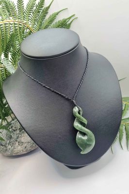 New Zealand Greenstone Pounamu Large  Pikorua Double Twist with tail Pendant  003