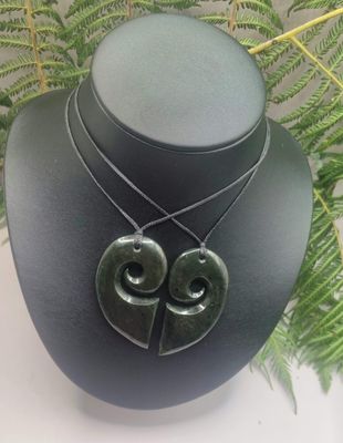 New Zealand Greenstone Pounamu Split Heart Koru 2 pc Pendants 009