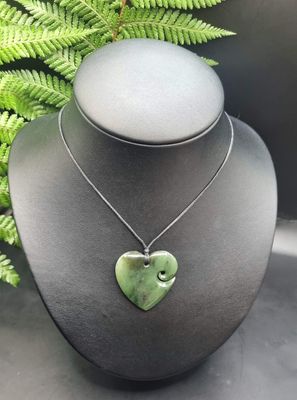 New Zealand Greenstone Pounamu  Heart with Koru Pendant HK001