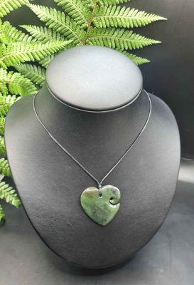 New Zealand Greenstone Pounamu  Heart with Koru Pendant HK002