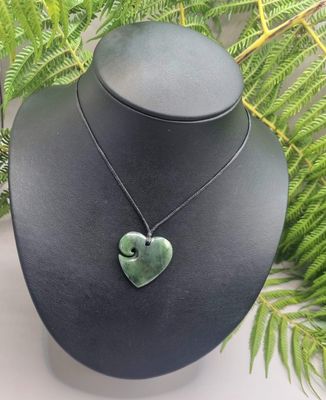 New Zealand Greenstone Pounamu Heart with Koru Pendant 002