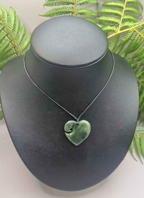 New Zealand Greenstone Pounamu Heart with Koru Pendant E