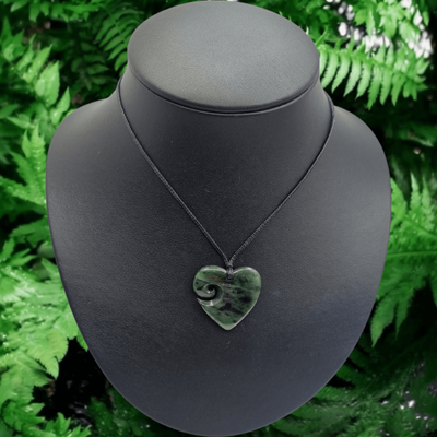 New Zealand Greenstone Pounamu Heart with Koru Pendant 040