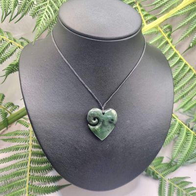 New Zealand Greenstone Pounamu Heart with Koru Pendant  A105