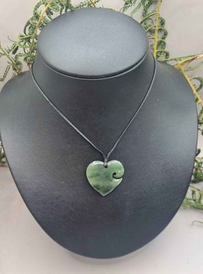 New Zealand Greenstone Pounamu Heart with Koru Pendant 21