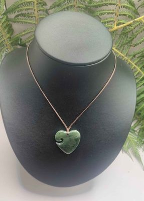 New Zealand Greenstone Pounamu Heart with Koru Pendant 050