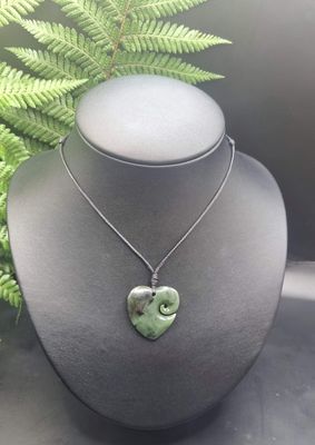 New Zealand Greenstone Pounamu Heart with Koru Pendant 101