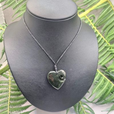 New Zealand Greenstone Pounamu Heart with Koru Pendant A103