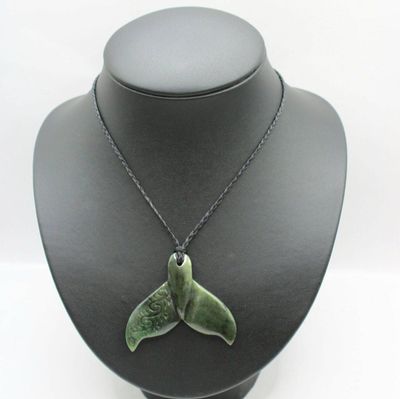 New Zealand Greenstone Pounamu Whale Tail Necklace   WT 0900