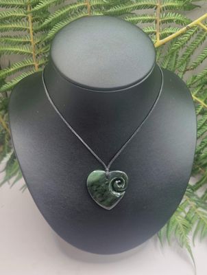 New Zealand Greenstone Pounamu  Heart with Koru Pendant H03