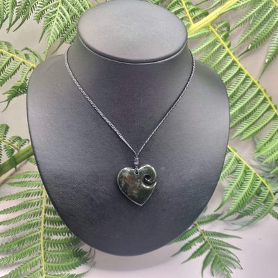 New Zealand Greenstone Pounamu  Heart with Koru Pendant A102