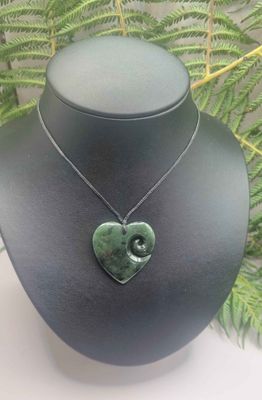 New Zealand Greenstone Pounamu Heart with Koru Pendant H01