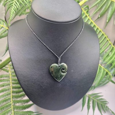 New Zealand Greenstone Pounamu Heart with Koru Pendant A104
