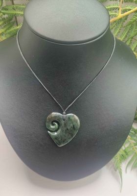 New Zealand Greenstone Pounamu Heart with Koru Pendant H04