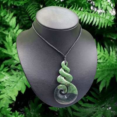 New Zealand Greenstone Pounamu Large Triple Twist with Koru Pendant TWL002