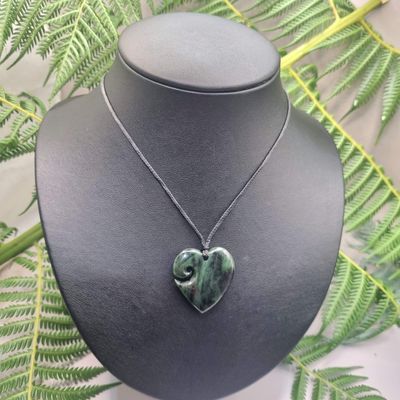 New Zealand Greenstone Pounamu Heart with Koru Pendant A101