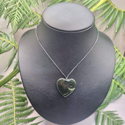 New Zealand Greenstone Pounamu Heart with Koru Pendant A100