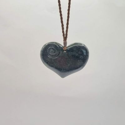 NZ Greenstone Pounamu Heart with Koru Pendant  HK10