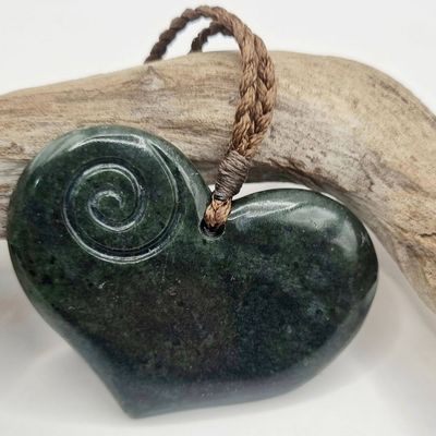 NZ Greenstone  Medium Pounamu Heart with Koru Pendant  HK10