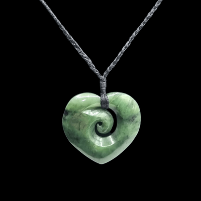 NZ Greenstone Pounamu Heart with Koru Pendant H21