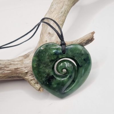 NZ Greenstone Pounamu Heart with Koru Pendant HK 007