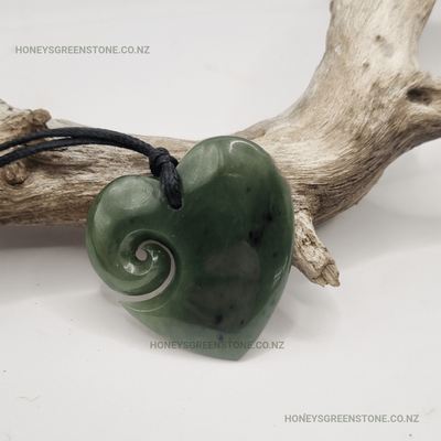 New Zealand Greenstone Pounamu Heart with Koru Pendant  H50
