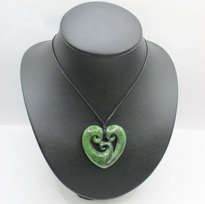 NZ Greenstone Pounamu Triple Koru Heart Necklace TKH001