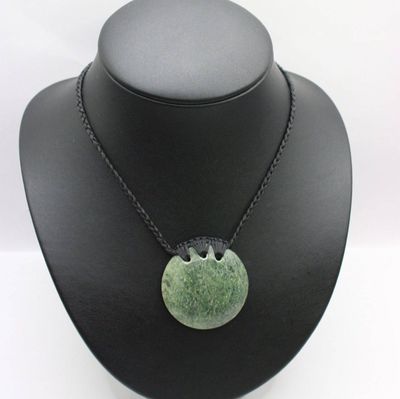 New Zealand Greenstone Pounamu Kopae Circle Disc Necklace   KO 40