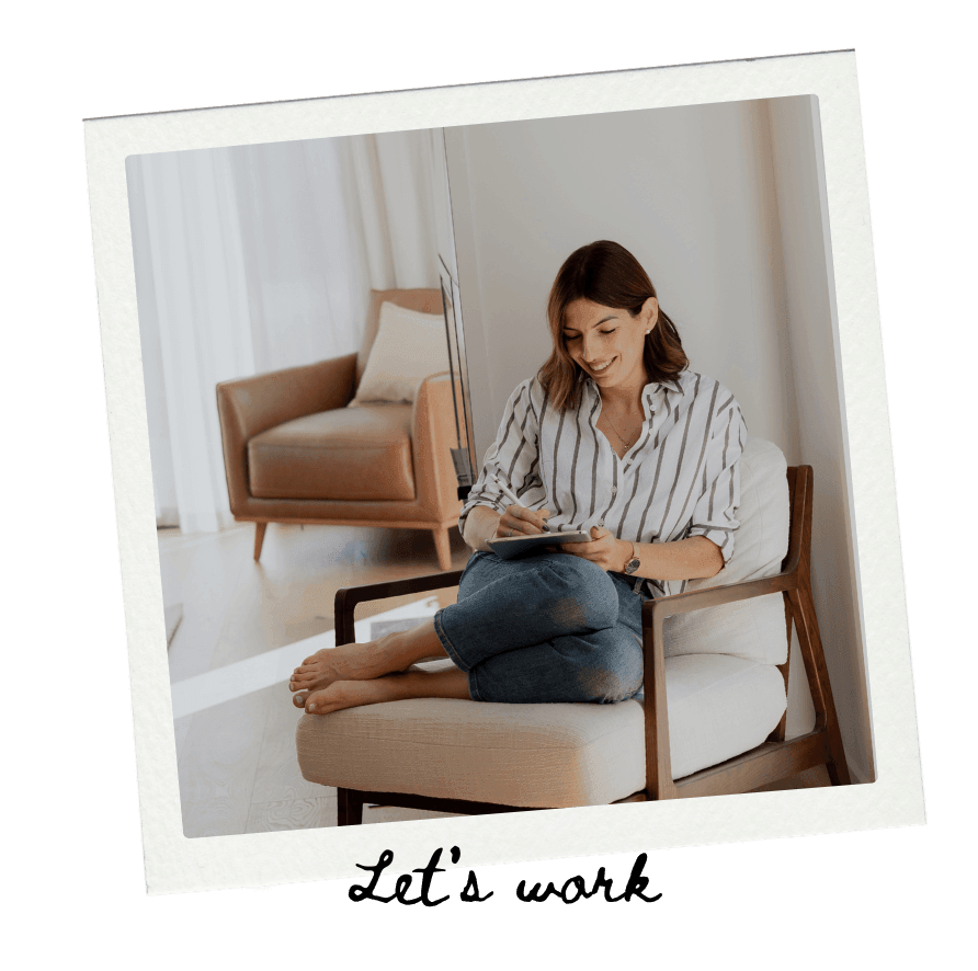 A picture (polaroid style) of Courtney drawing on an ipad while sitting in a chair.