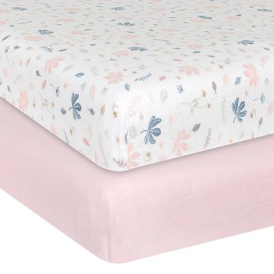 Living Textiles Organic Muslin Fitted Cot Sheets Botanical 2pk