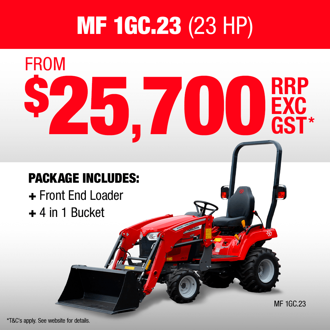 Massey Ferguson MF 1GC.23 compact tractor with front end loader and 4-in-1 bucket.