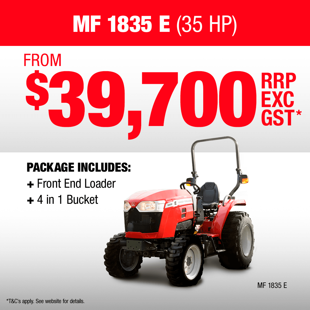 Massey Ferguson MF 1835 E compact tractor fitted with loader attachment.