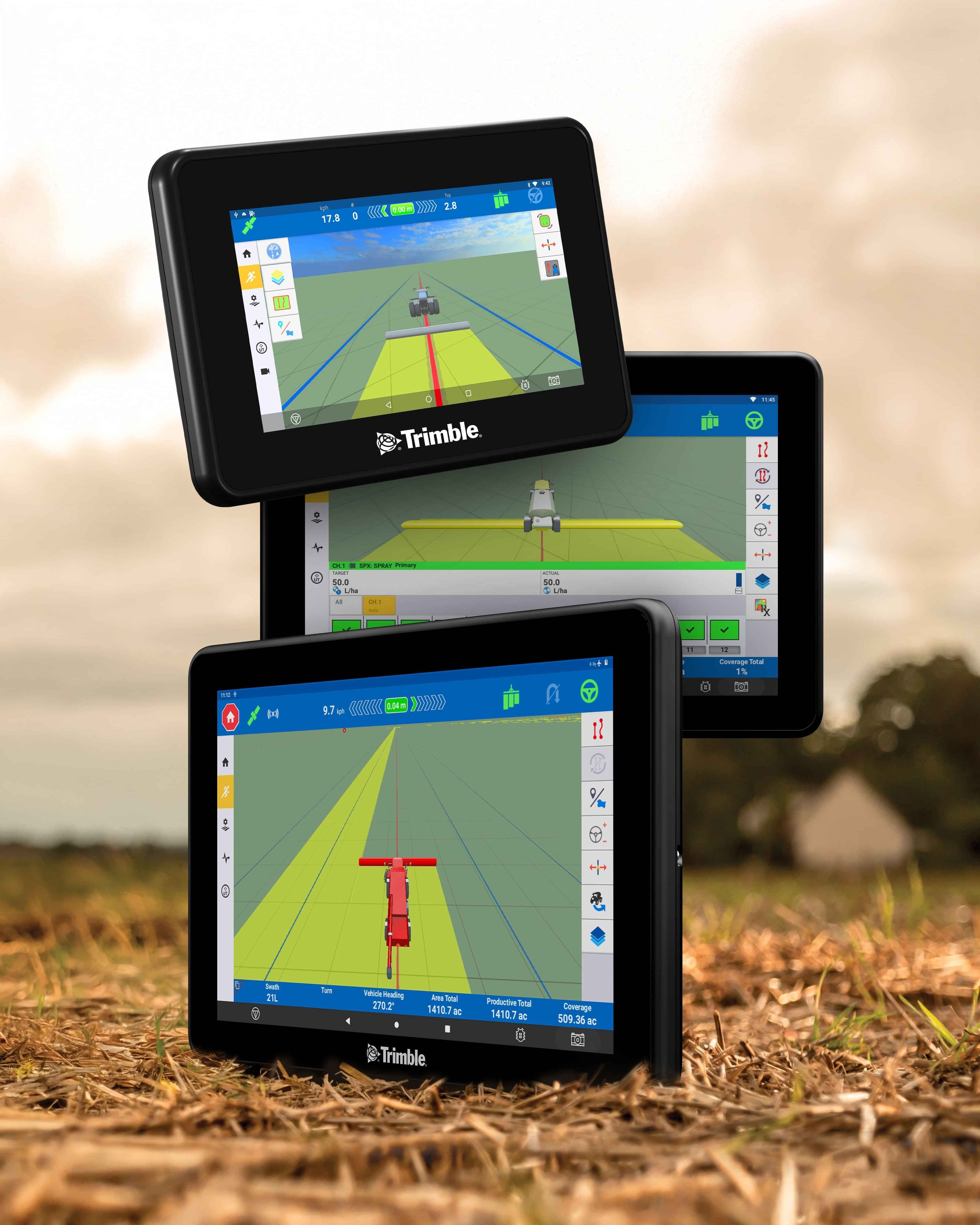 Trimble GFX-350 GFX-1060 and GFX-1260 display systems in a field, showing precision guidance in action.