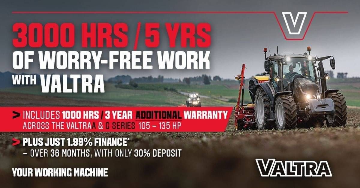3,000 hrs / 5 years of worry free work with Valtra. Plus just 1.99% finance over 36 months with only 30% deposit.