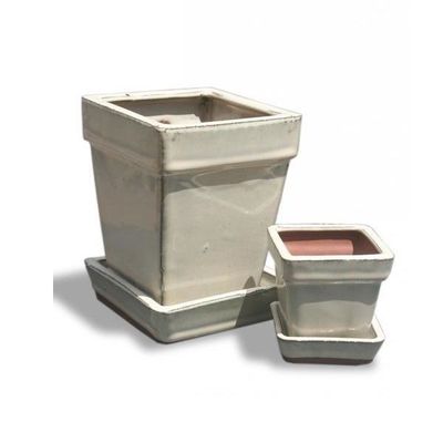 Cream Square Glazed Pot - Pair