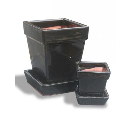 Black Square Glazed Pots - Pair