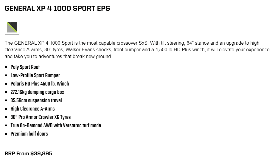 General XP 4 1000 Sport EPS Features