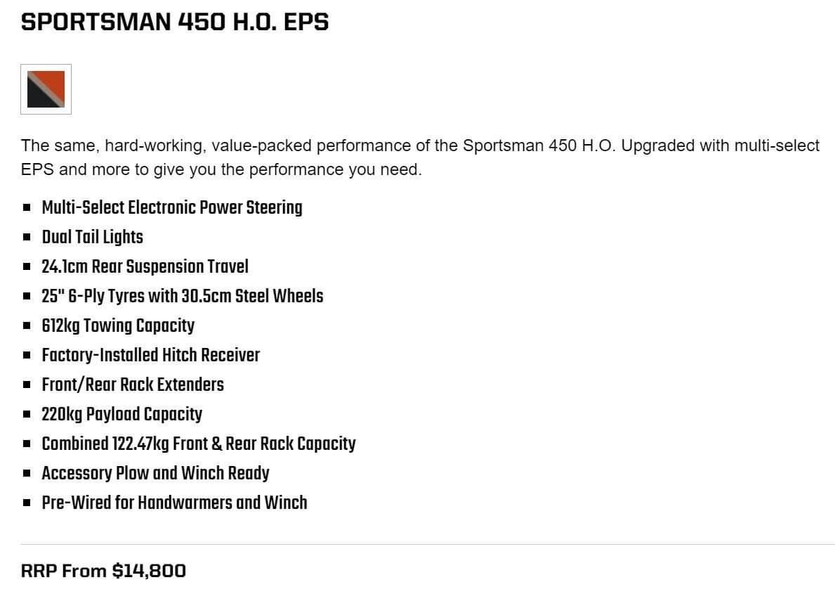Sportsman 450 H.O. EPS Features 