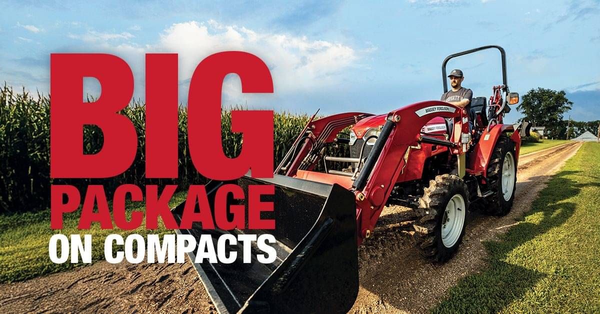 Close-up of Massey Ferguson compact tractor front end loader and 4-in-1 bucket.