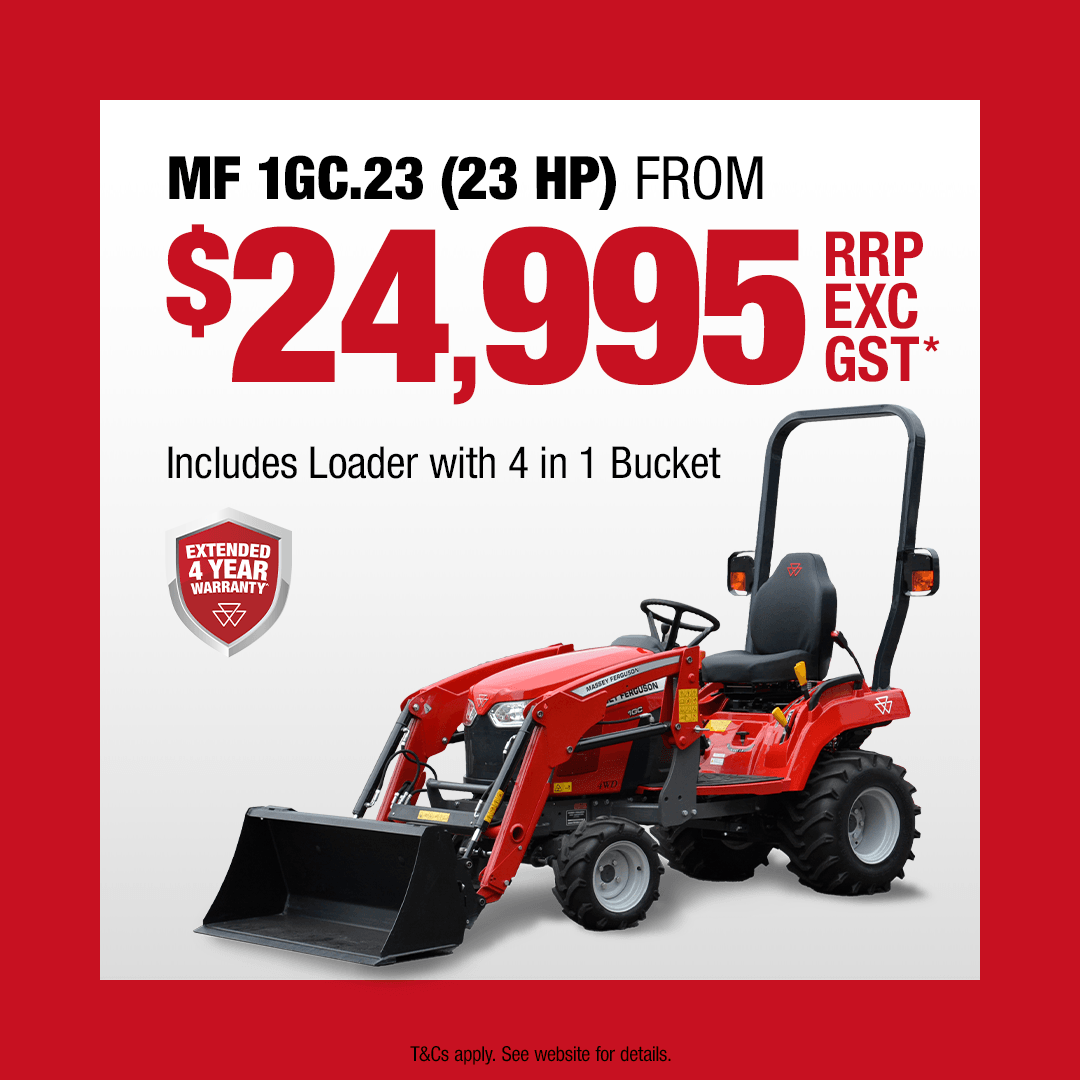 Massey Ferguson 1GC.23 compact tractor with front end loader and 4-in-1 bucket shown in red, part of the Free Weber BBQ promotion.