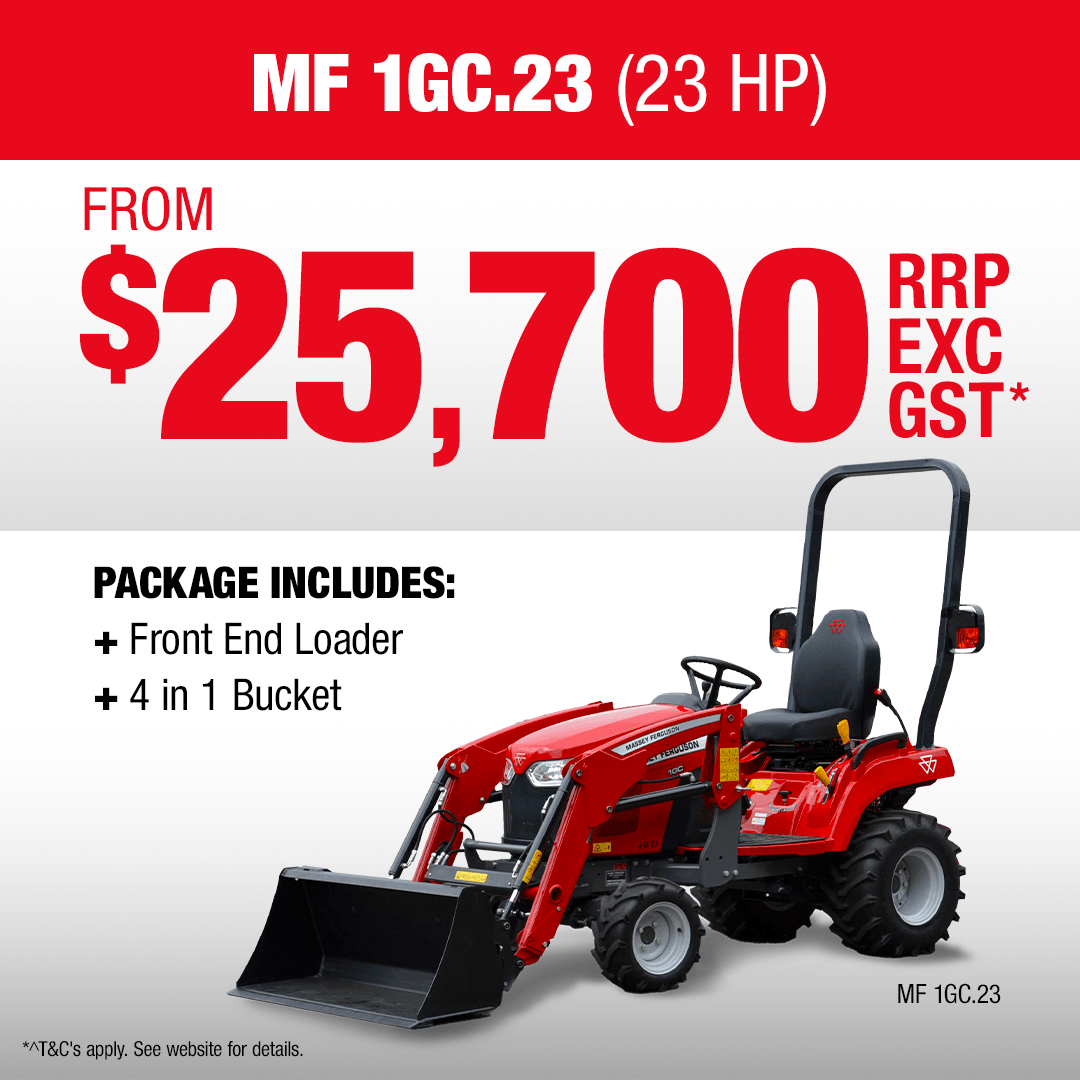 Massey Ferguson MF 1GC.23 compact tractor with front end loader and 4-in-1 bucket.
