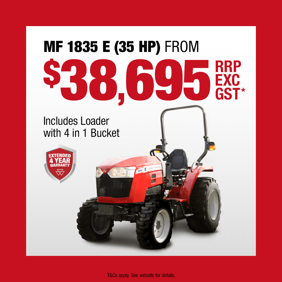Massey Ferguson 1835 E compact tractor displayed with loader and 4-in-1 bucket, highlighting pricing and 4-year warranty offer.