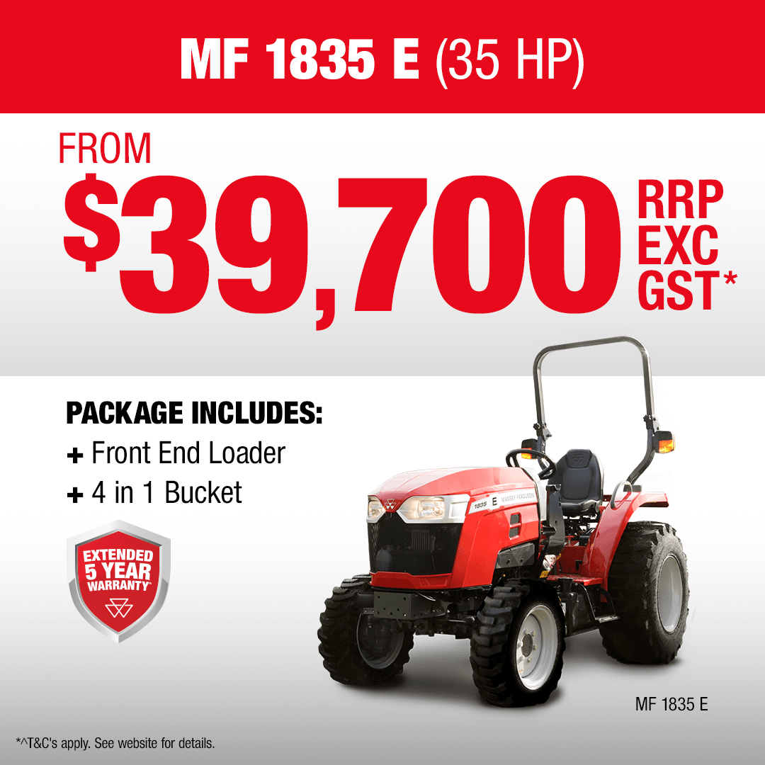 Massey Ferguson MF 1835 E compact tractor fitted with loader attachment.