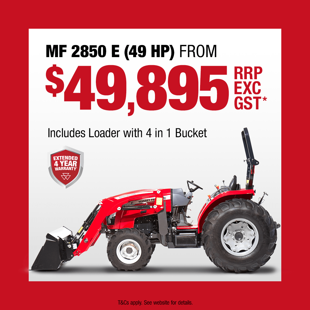 Massey Ferguson 2850 E tractor with loader and bucket, featured in the Sizzlin’ Compact Offer campaign with Free Weber BBQ bonus.